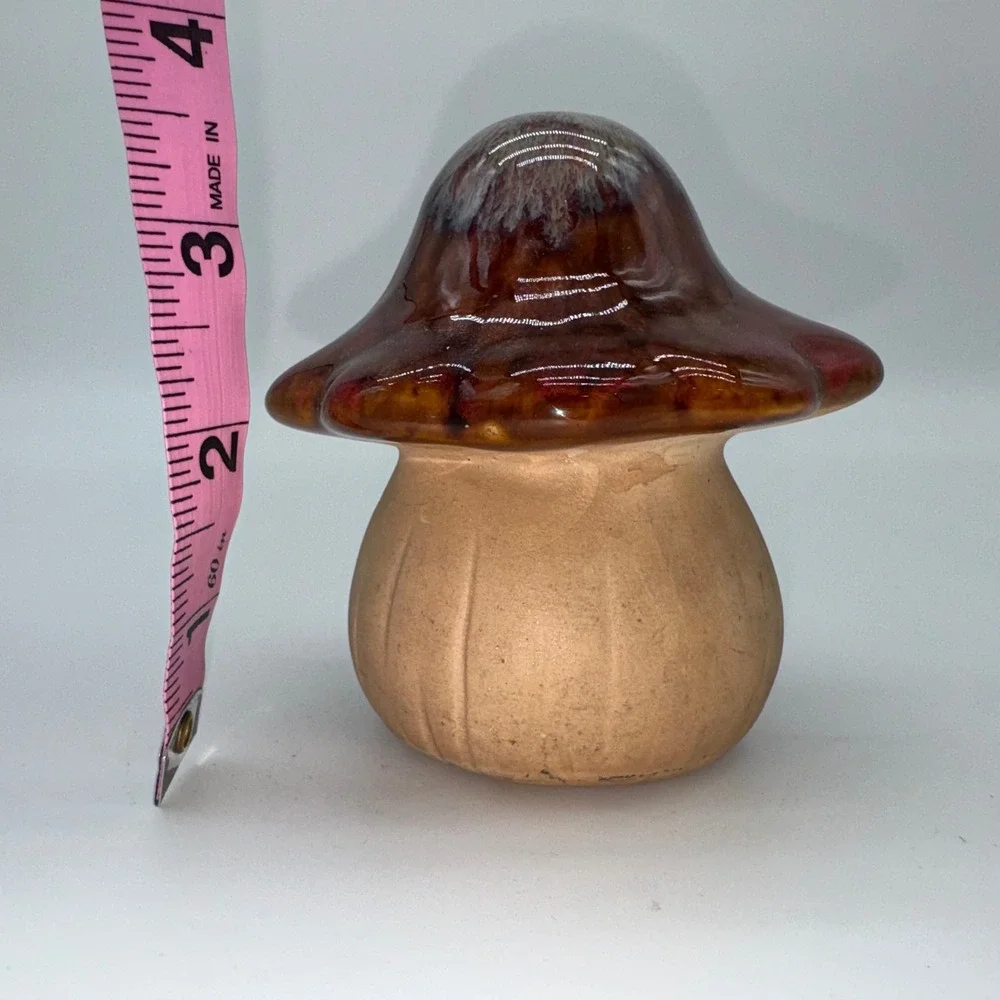 Whimsical Mushroom Orange Brown Glaze Top Ceramic Garden Pottery 3.5